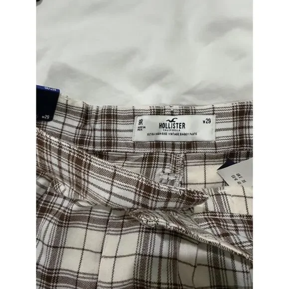 NWT Hollister Brown & White Plaid Ultra High Rise Vintage Baggy Pants Size 9 29w - Picture 6 of 7